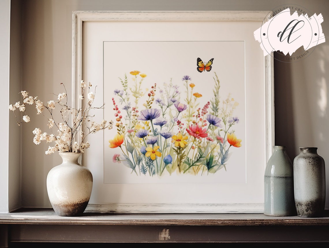 Watercolor Wildflowers with Butterfly Delicate Meadow Garden Poster