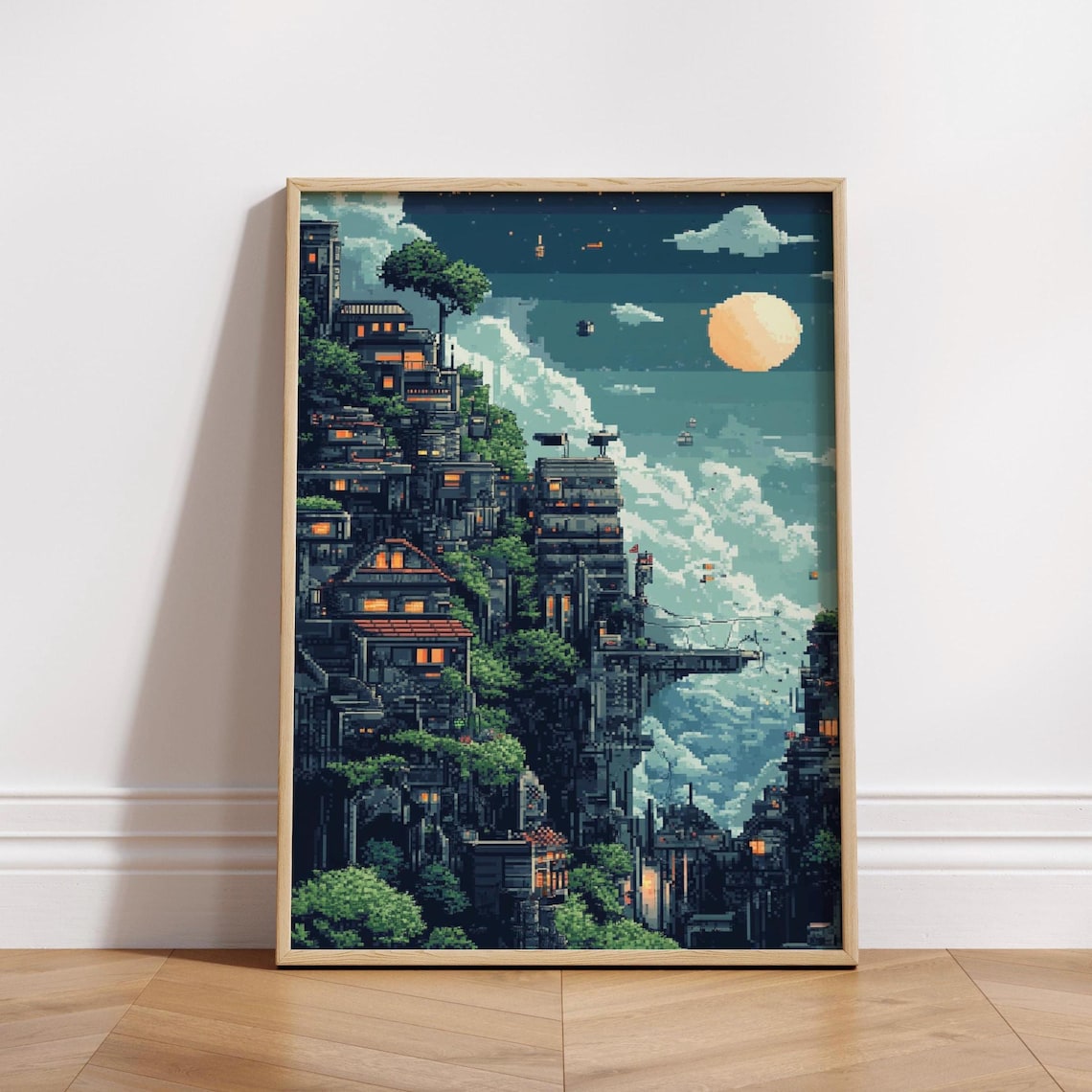 8 Bit Pixel Art Retro City Landscape, Poster Print