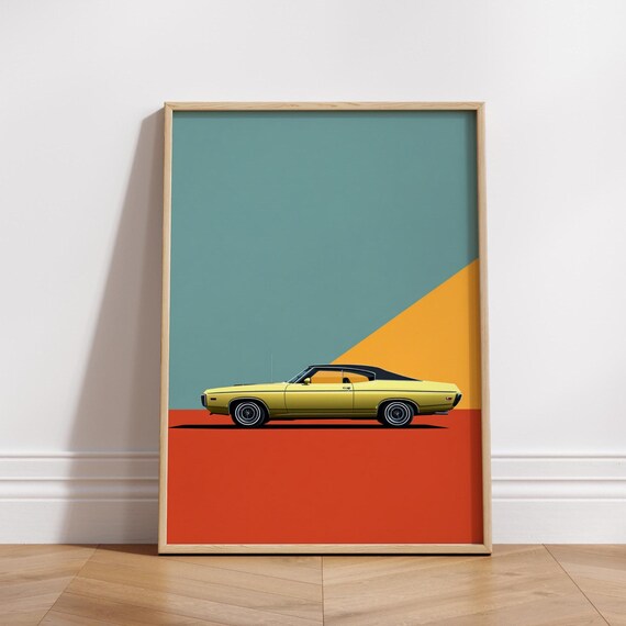 Retro Muscle Car Poster Stylized Yellow 70s Auto Wall Art Minimalist Classic Print Pop Garage Decor For Men Vintage Gift