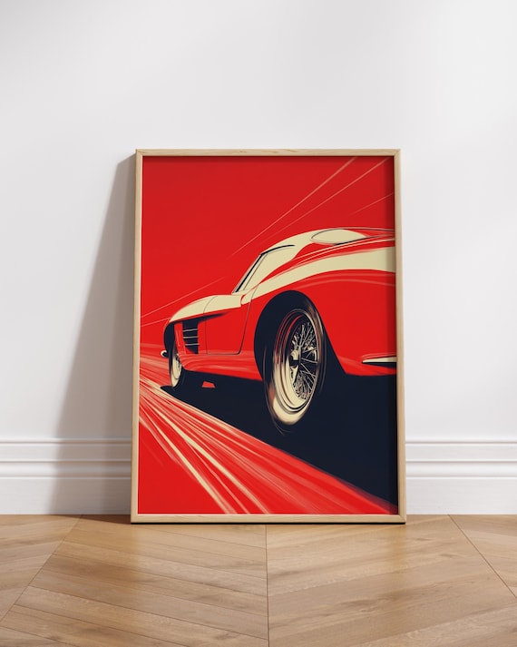 Red Vintage Roadster Racing Speed Lines Retro Muscle Car Poster
