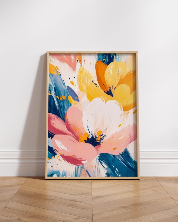 Abstract Floral Painting Pink Yellow Blue Modern Bloom Poster