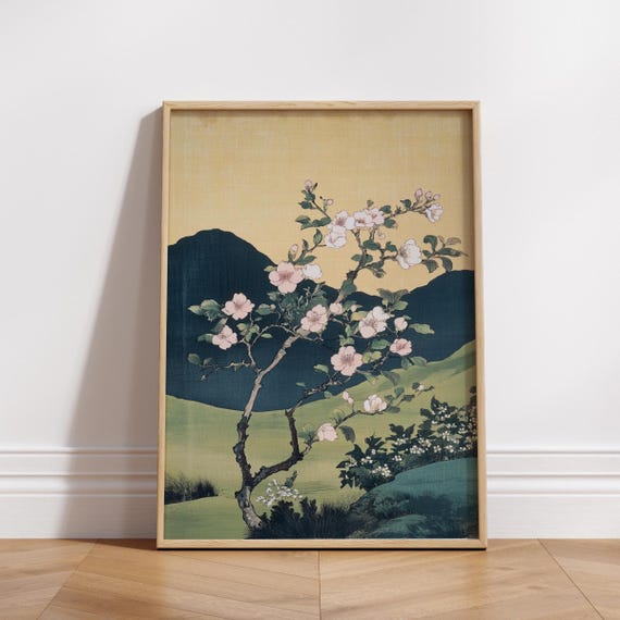 Hokusai Cherry Blossom Art Print Vintage Japanese Ukiyoe Landscape Poster Traditional Nature Wall Decor For Zeninspired Spaces