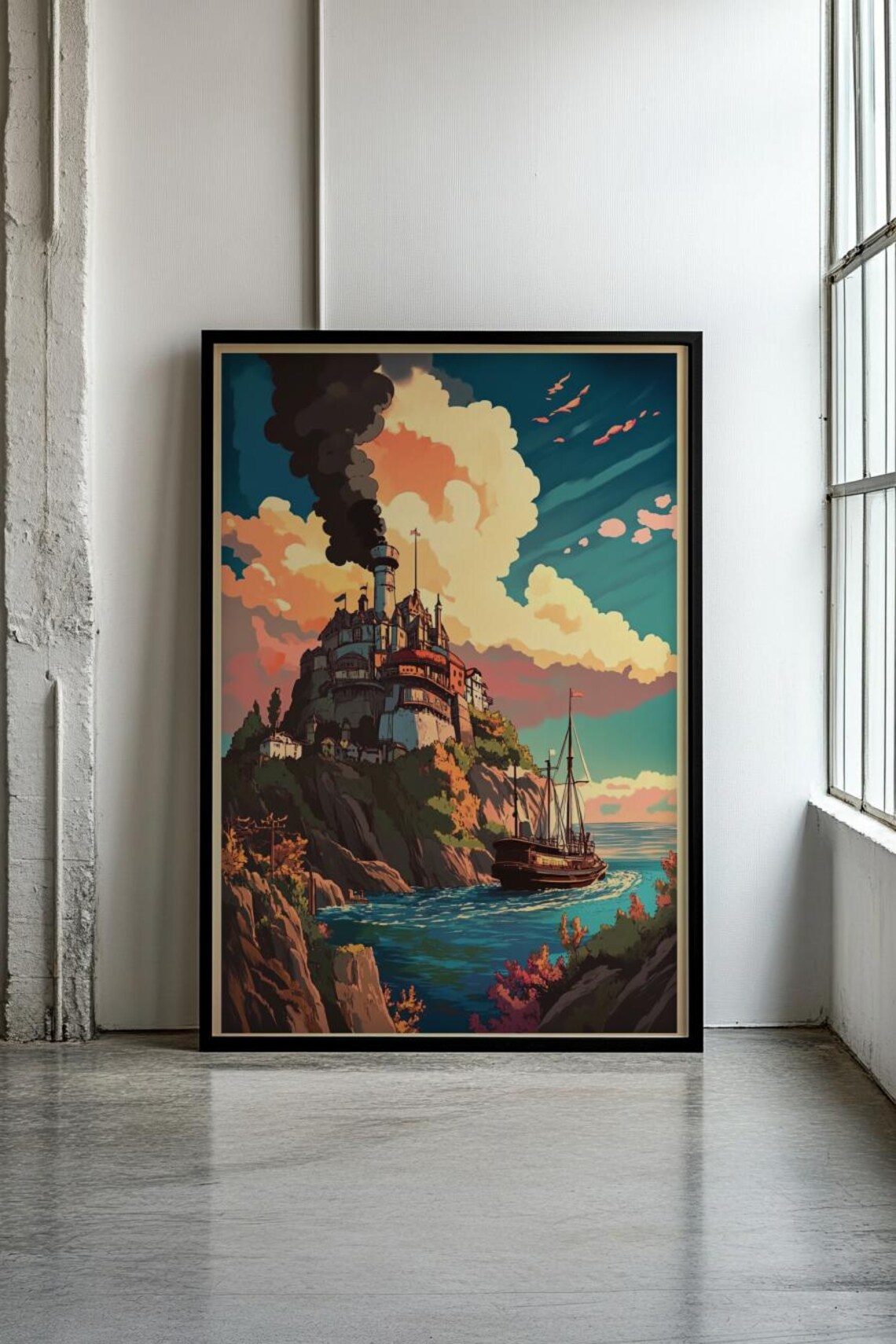 Fantasy Seaside Fortress With Tall Ship Anime Illustration Art Poster - Image 2