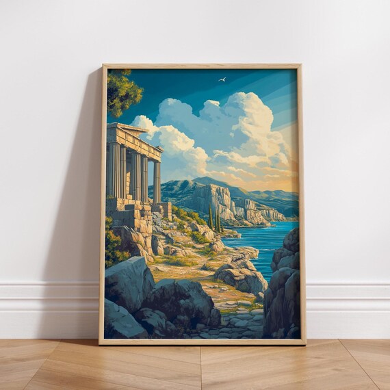 Ancient Greek Temple Ruins by the Sea Anime Style Travel Poster