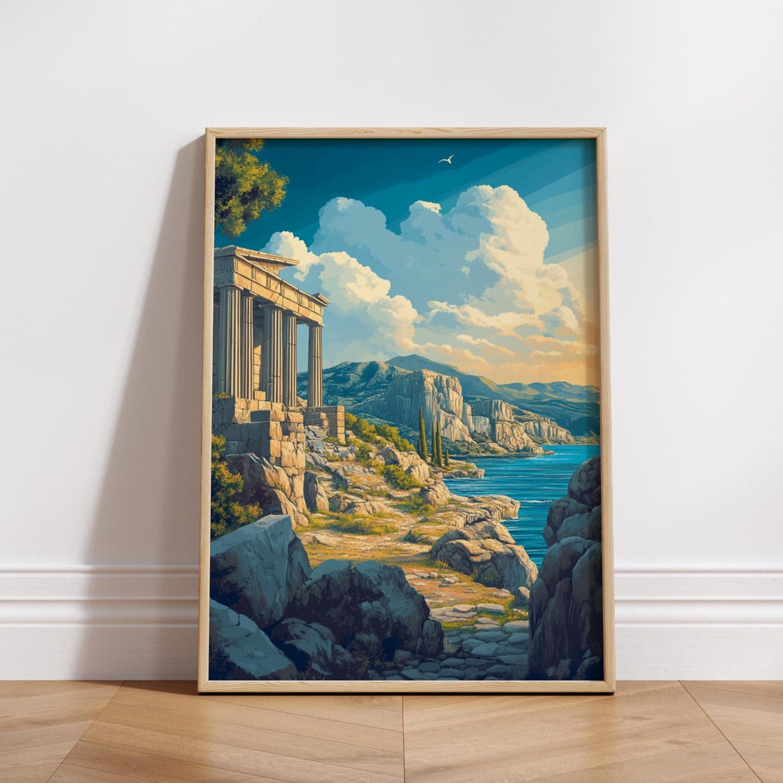 Ancient Greek Temple Ruins by the Sea Anime Style Travel Poster
