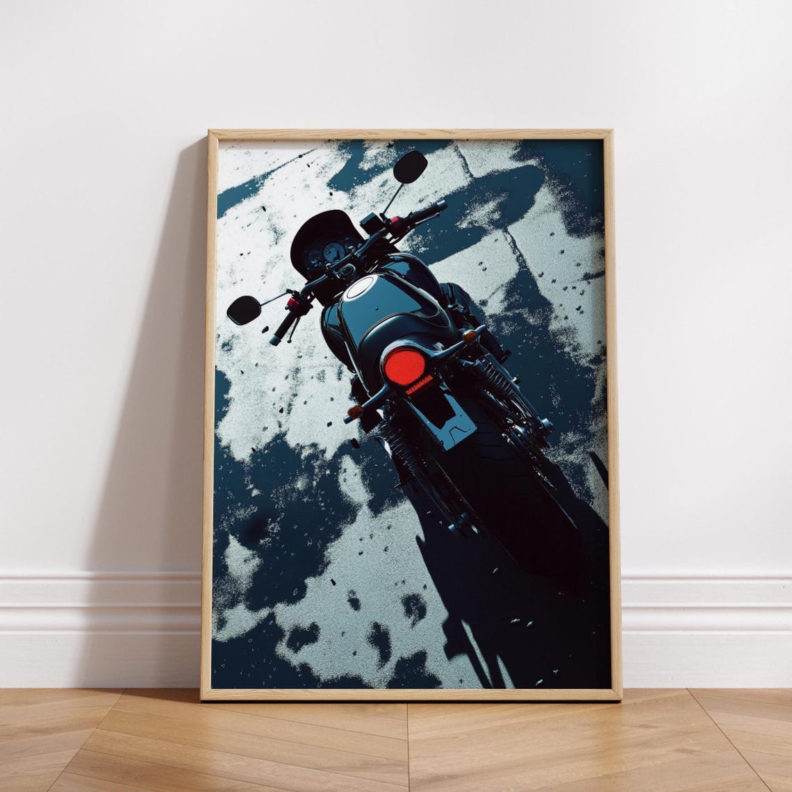 Modern Cafe Racer Poster Minimalist Motorcycle Wall Art Rear View Moto Print Dark Urban Decor Bold Biker Gift For Him