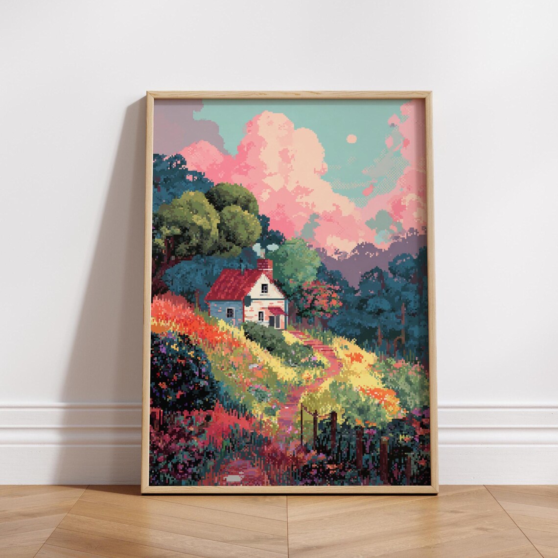 Cozy Cottage Pixel Art Poster, Retro Nature Landscape