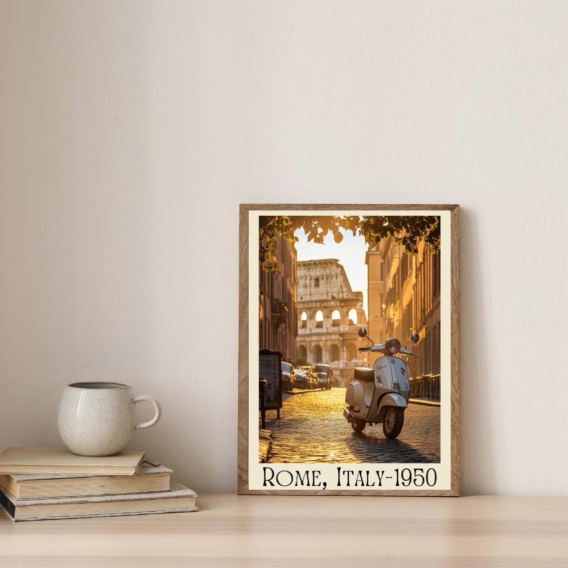 Rome Italy 1950 Poster with White Vespa Scooter and the Colosseum - Image 4