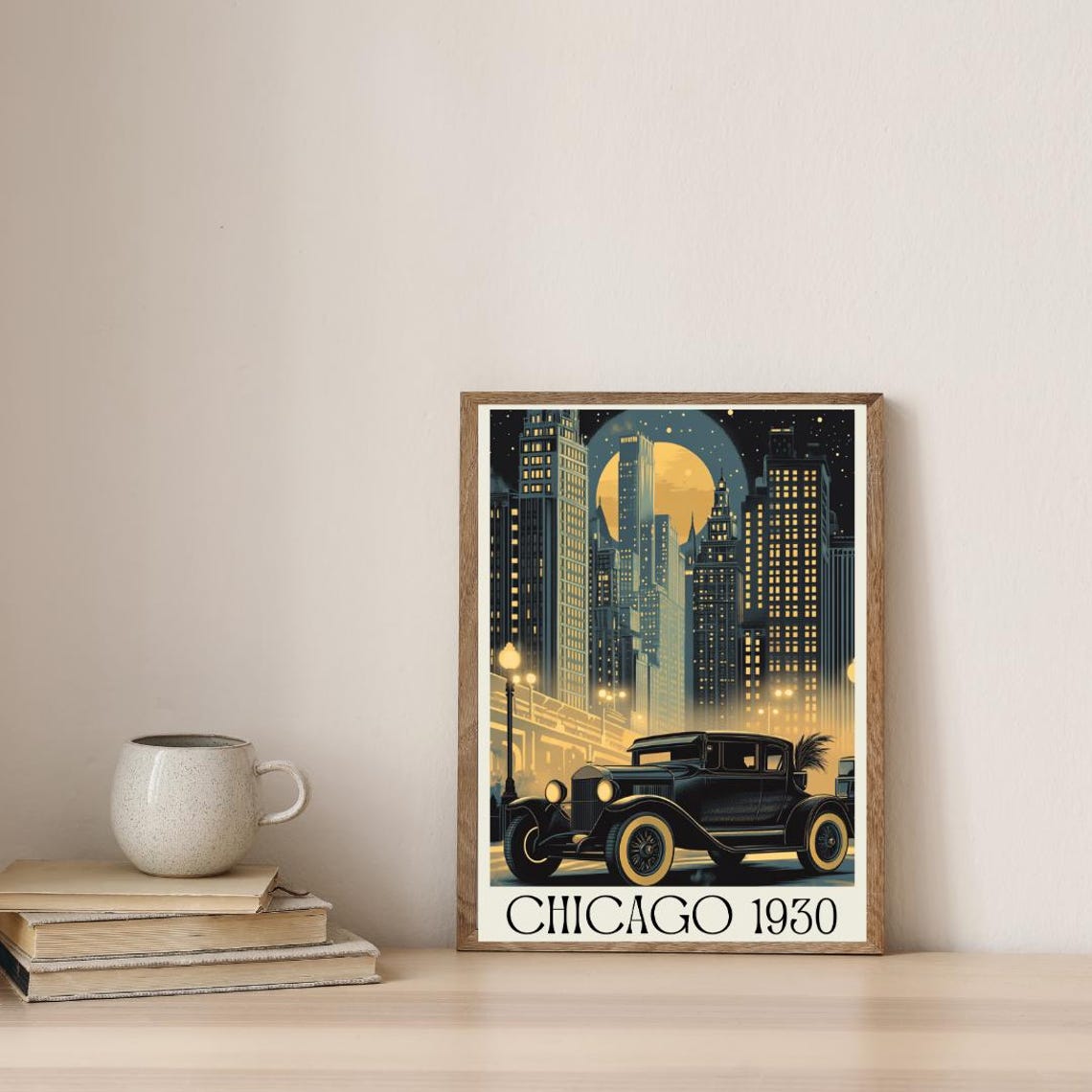 Chicago 1930 Retro Poster with Vintage Car and Night Skyline - Image 2