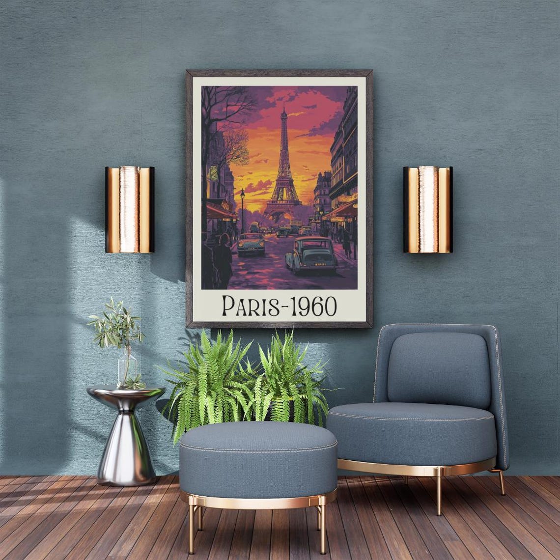 Paris 1960 Retro Poster with Eiffel Tower at Sunset and Vintage Cars - Image 5