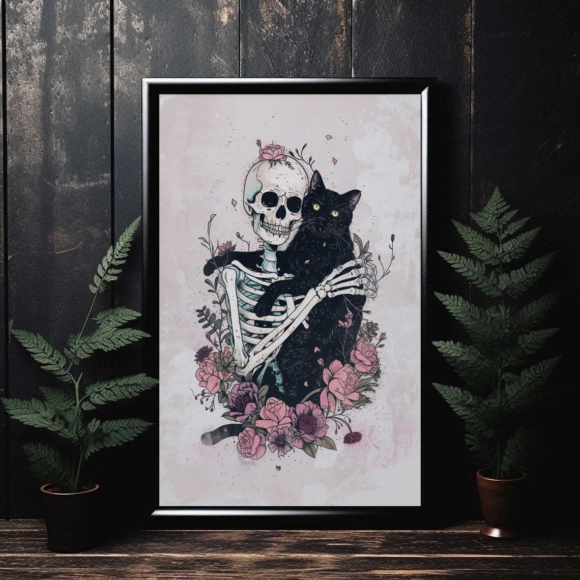 Gothic Skeleton Hugging Black Cat Dark Floral Illustration Print - Image 3