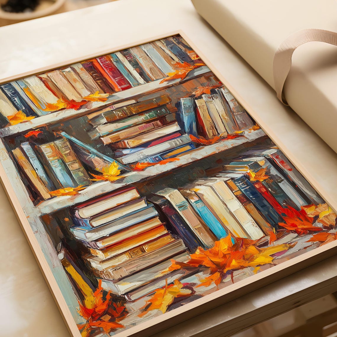 Autumn Bookshelf Painting With Fall Leaves Cozy Library Poster - Image 6
