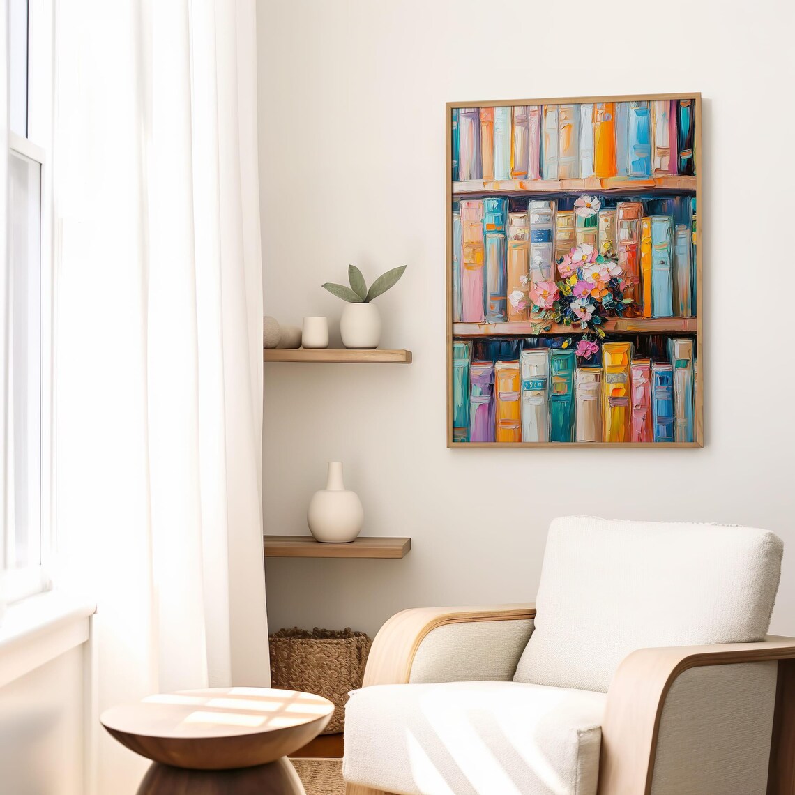 Colorful Book Shelf Art Print, Floral Library Decor - Image 3