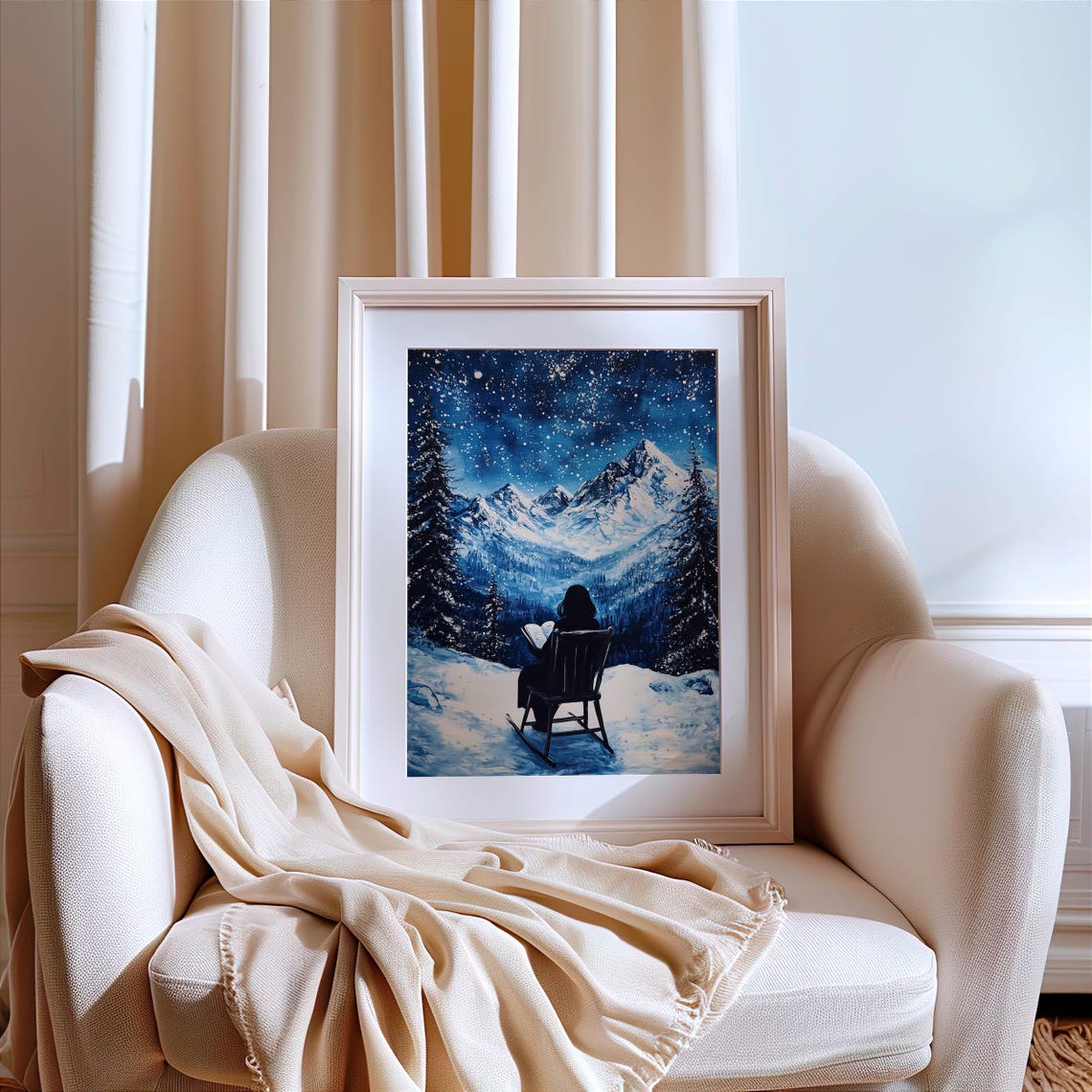 Reader in Rocking Chair Under Starry Night Snowy Mountain View Poster - Image 6