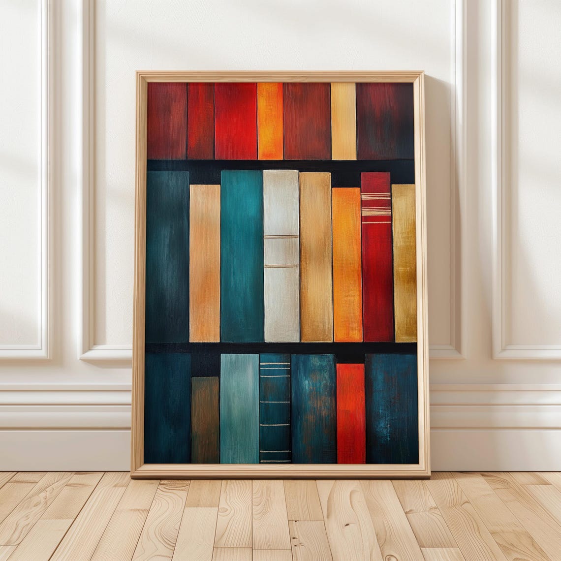 Abstract Colorful Bookshelf Oil Painting Teal Red Book Spines Poster