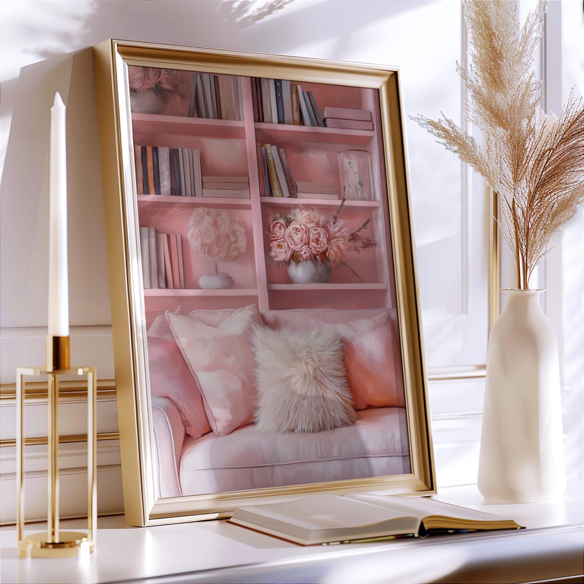 Pink Home Library Bookshelf Cozy Reading Nook Roses Decor Wall Art - Image 5