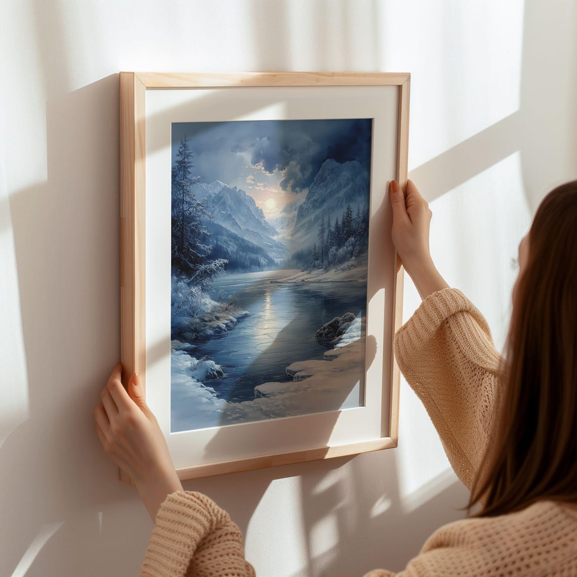 Winter Mountain Valley with Frozen Lake at Sunset in Blue Tones Poster - Image 7