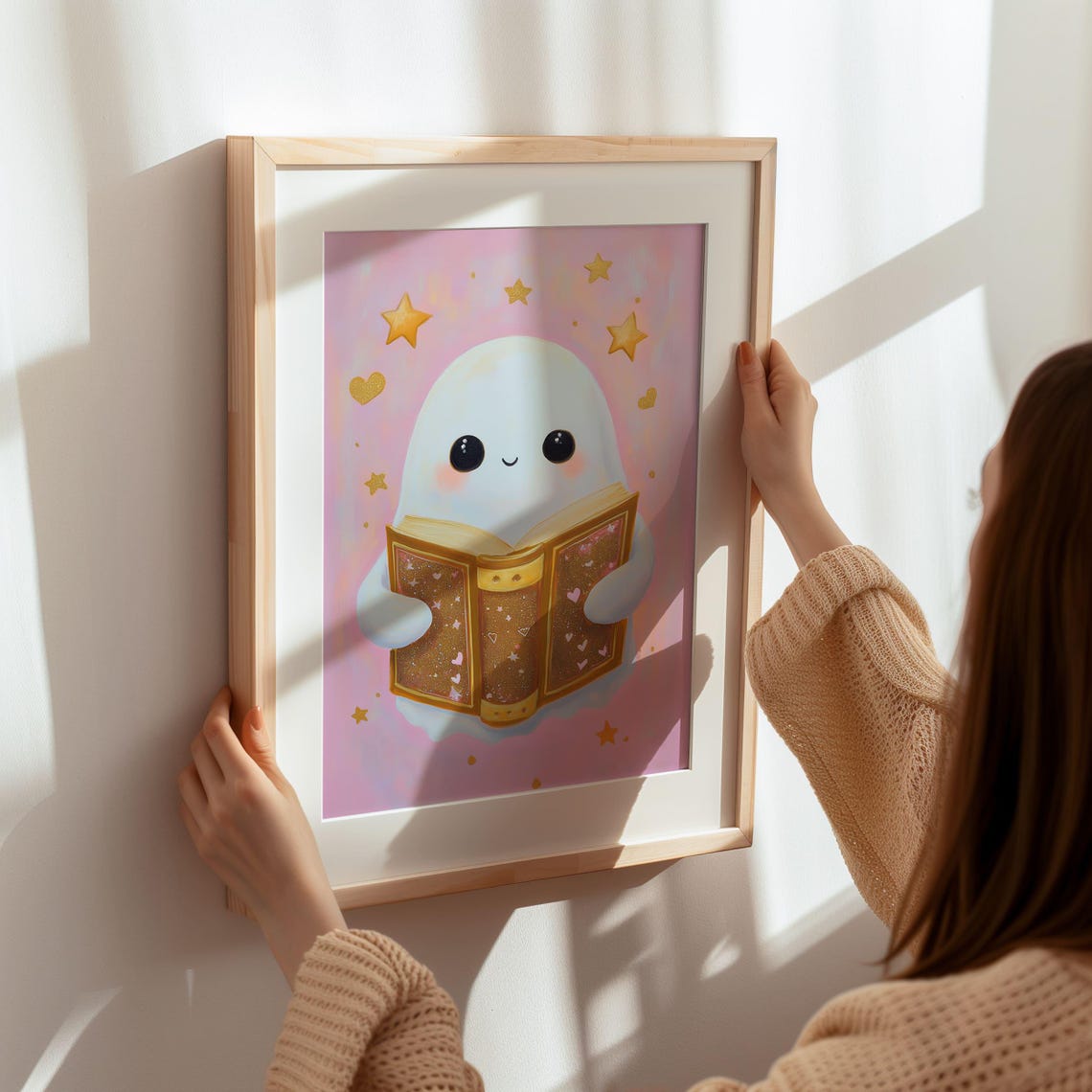 Cute Ghost Reading Golden Book Pink Halloween Bookish Poster - Image 8