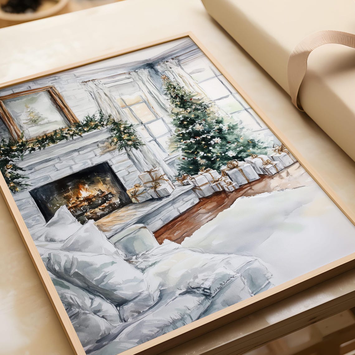 Cozy Christmas Living Room Watercolor Fireplace Scene Poster - Image 5