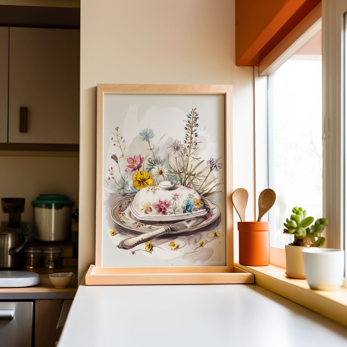 Shabby Chic White Floral Butter Dish Watercolor Kitchen Print - Image 2