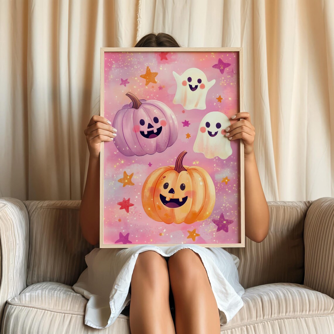 Cute Pumpkin And Ghost Halloween Art Print Spooky Halloween Wall Decor Pink Halloween Art - Image 2