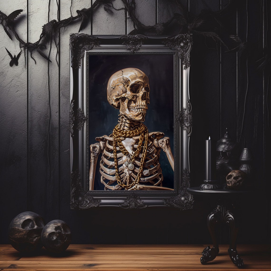 Luxury Skeleton Wearing Gold Chains Gothic Dark Aesthetic Art Poster - Image 3