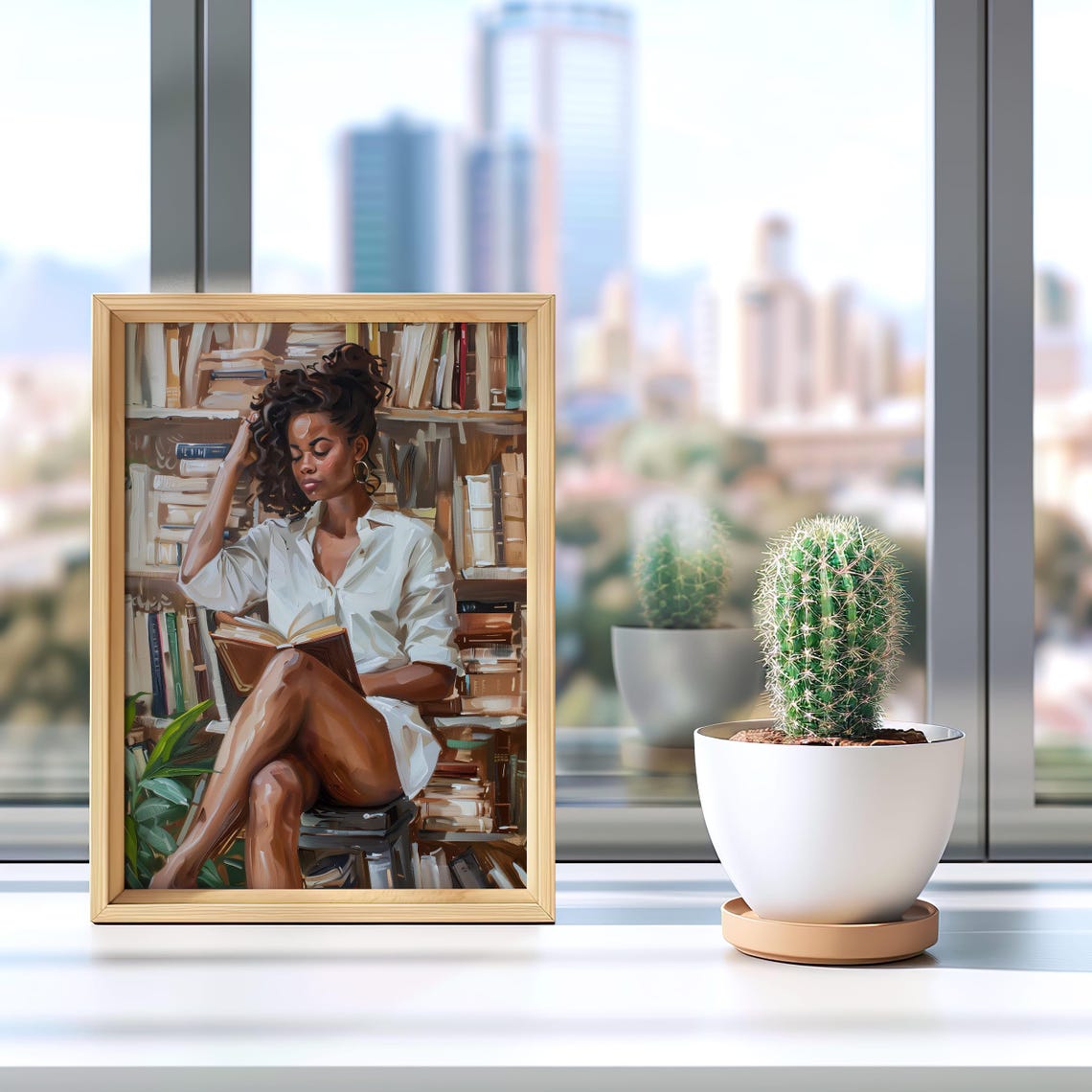 Black Woman Lost In Book Among Vintage Library Shelves Poster - Image 3