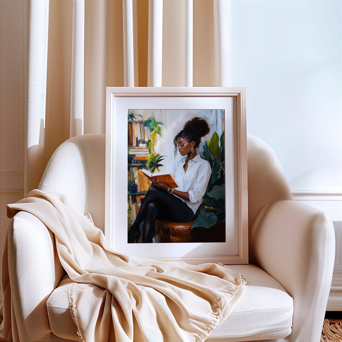 Black Woman With Top Knot Reading In Plant-Filled Library Poster - Image 5