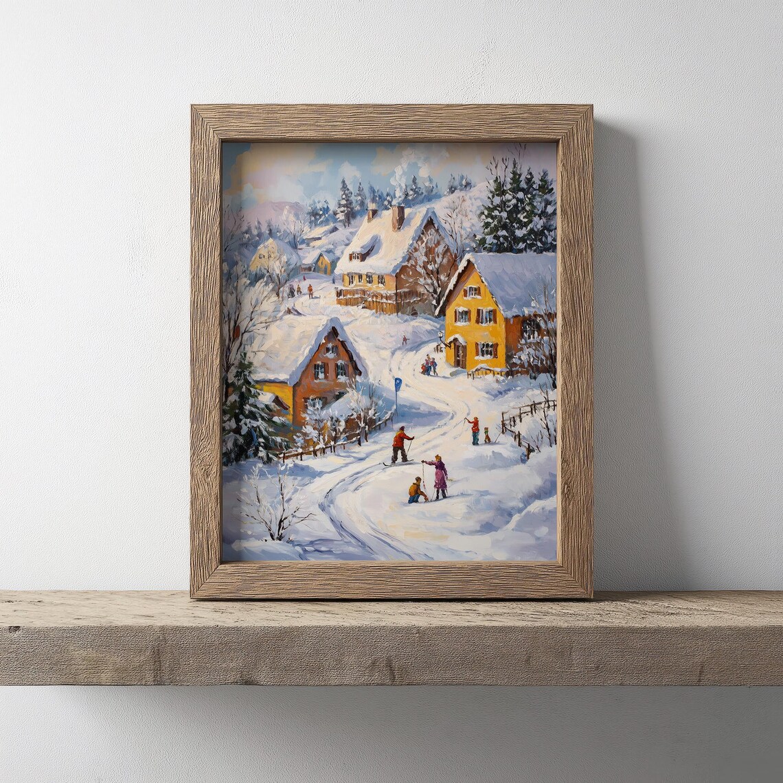 Snowy Village Cottages Winter Sledding Scene Oil Painting Poster - Image 5