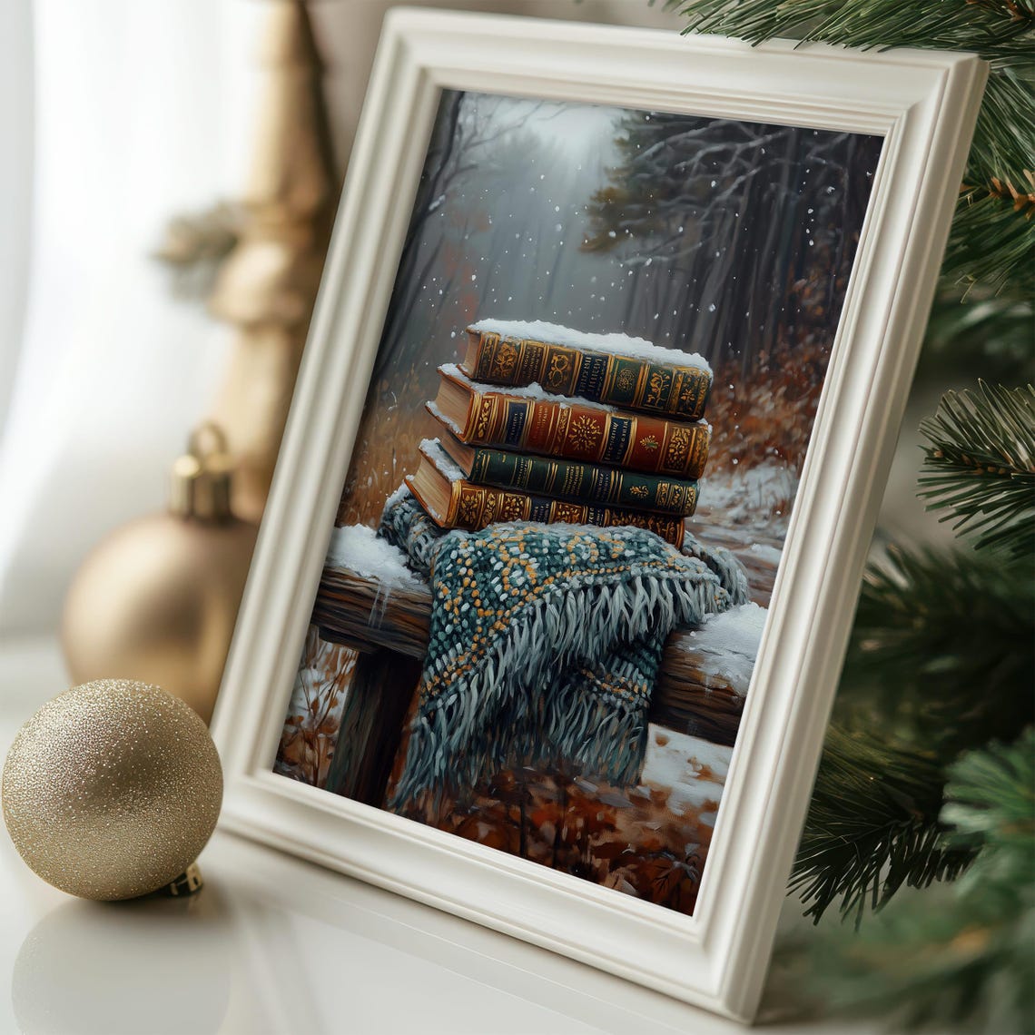 Stack of Vintage Books in Snow on Wooden Bench Winter Forest Poster - Image 5