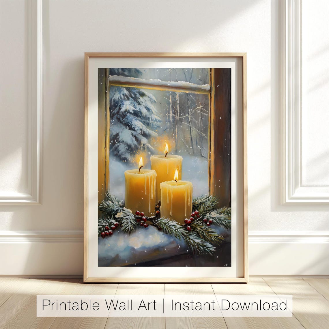 Cozy Winter Candle Window Snowy Pines Holiday Christmas Glow Poster