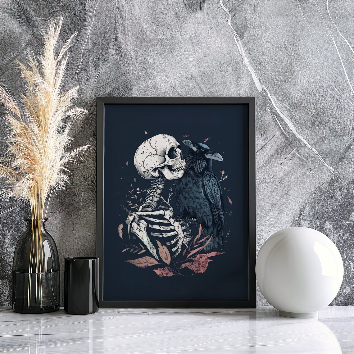 Gothic Skeleton Embracing A Raven Dark Fantasy Illustration Art Poster - Image 3