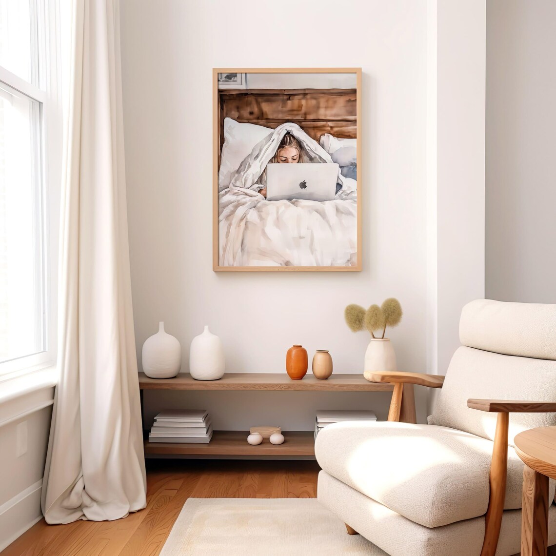 Cozy Woman In Bed With Laptop Work From Home Watercolor Poster - Image 2