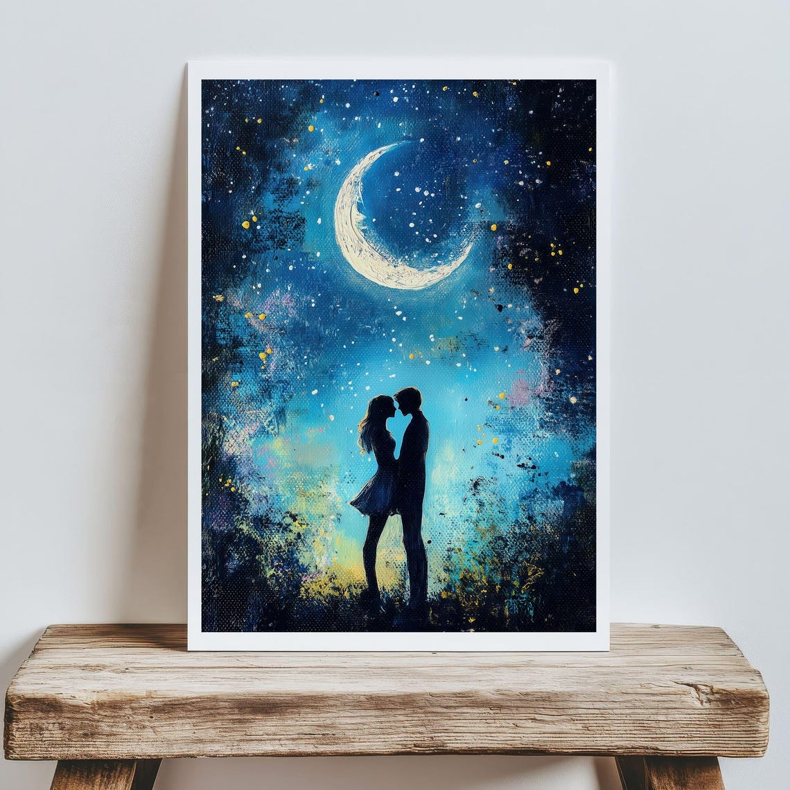 Kissing Couple Silhouette Under Crescent Moon Night Art Poster - Image 5