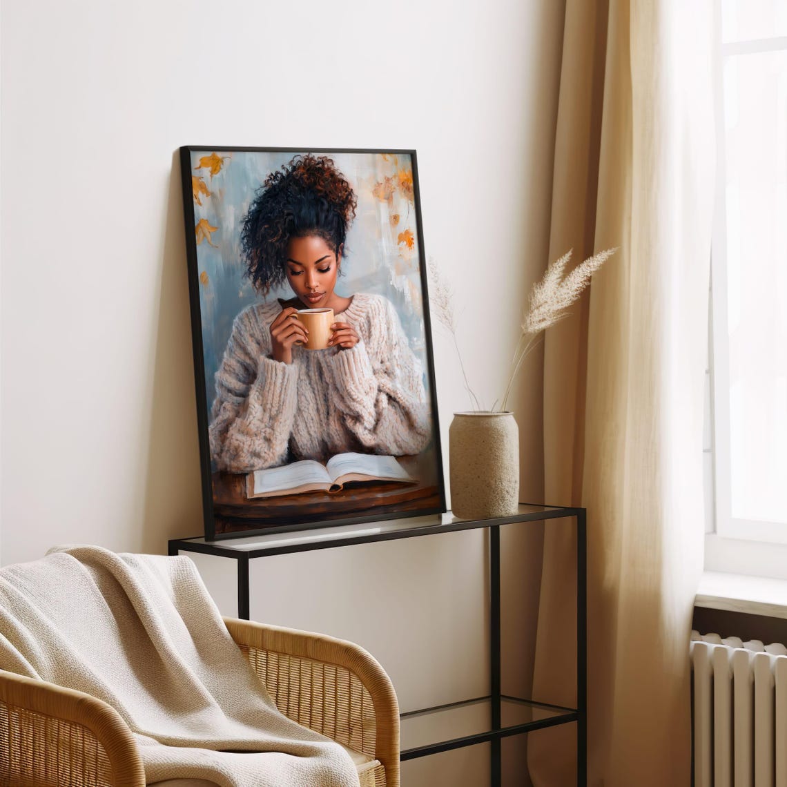 Black Woman In Knit Sweater With Coffee Autumn Reading Poster - Image 4