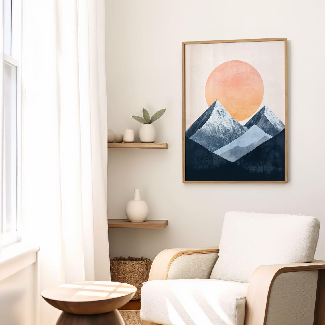 Minimalist Snowy Blue Mountain Peaks With Big Peach Sun Poster - Image 4