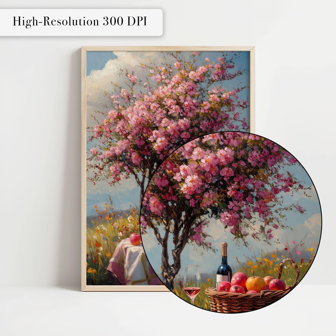 Spring Picnic Blooming Tree Wine Basket Apples Countryside Meadow Poster - Image 4