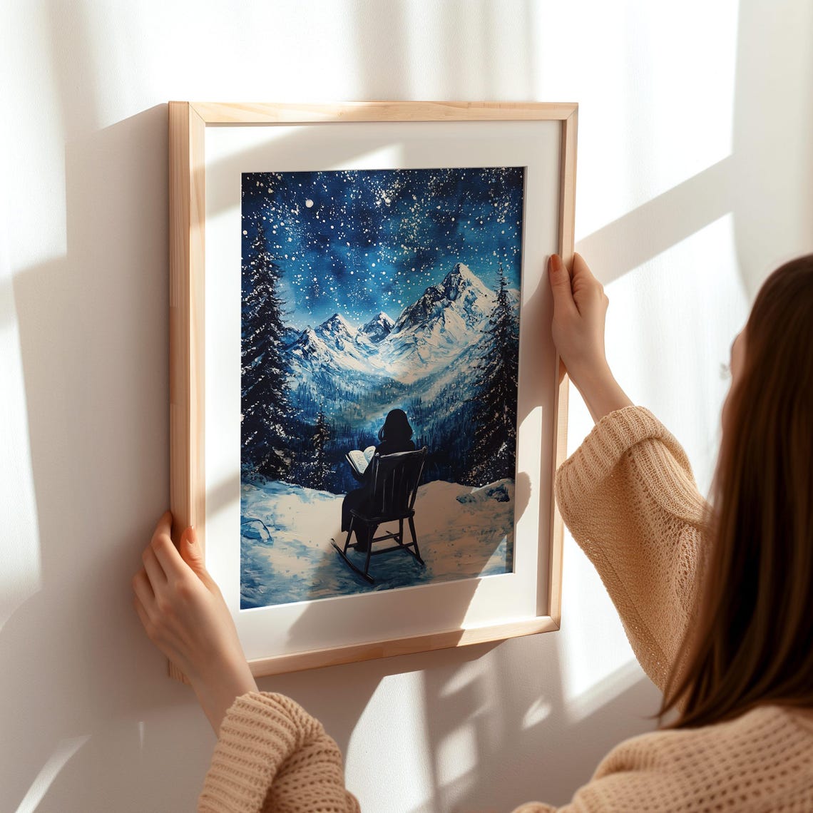 Reader in Rocking Chair Under Starry Night Snowy Mountain View Poster - Image 5