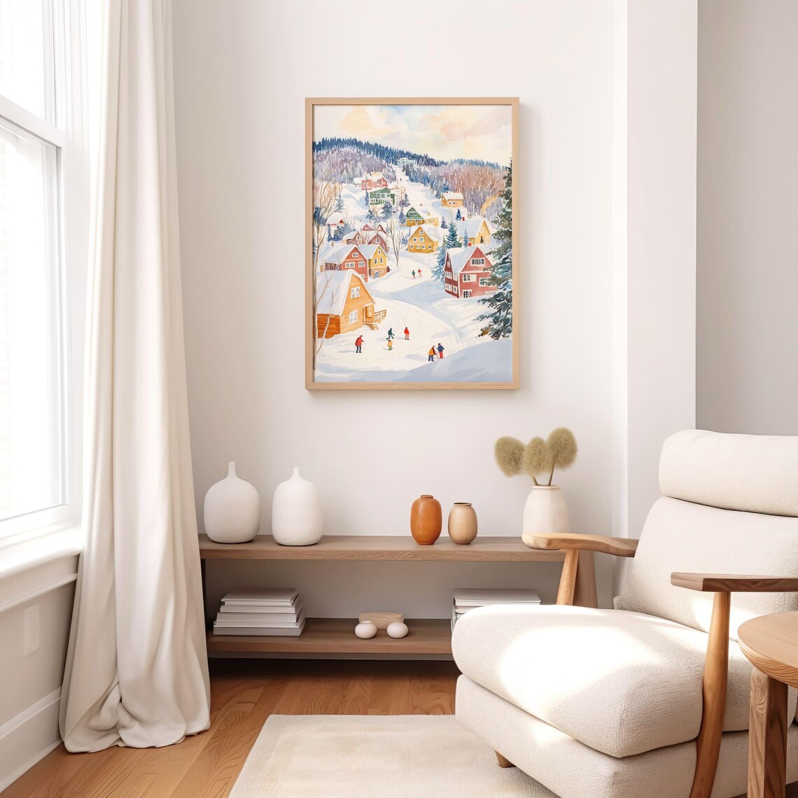 Snowy Winter Village Watercolor Ski Town Scene Holiday Art Poster - Image 4