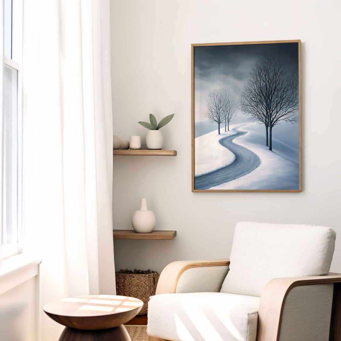 Minimalist Winding Winter Road Through Snowy Bare Trees Poster - Image 6