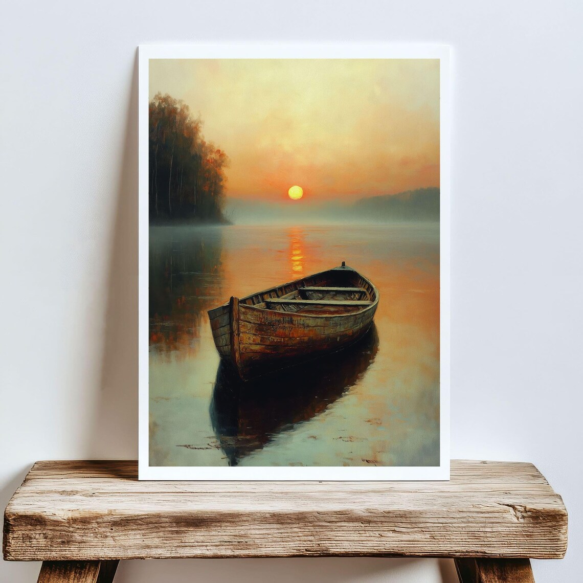 Rustic Boat At Sunset, Lake Reflection Art Print - Image 5