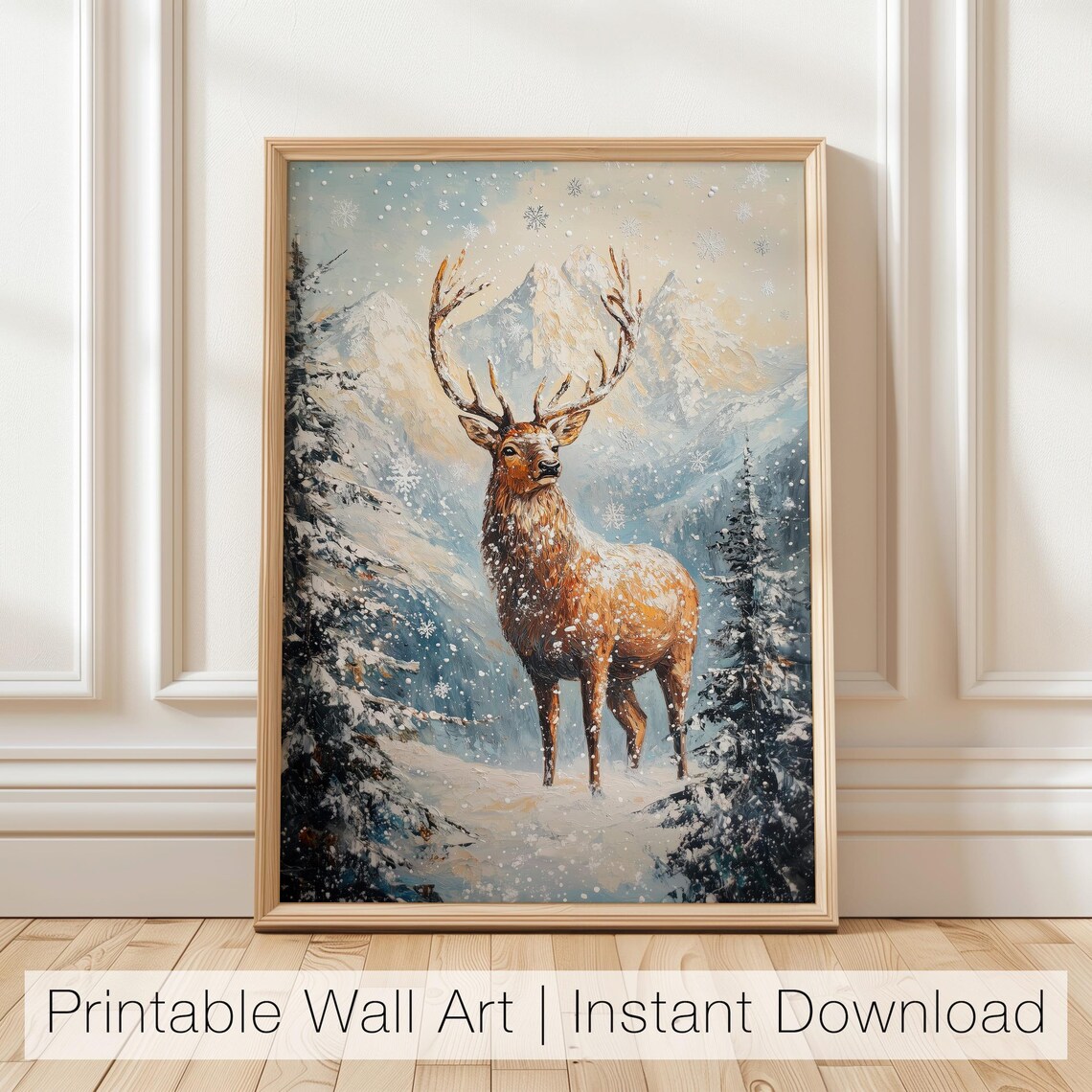 Majestic Stag in Snowy Mountain Landscape with Falling Snowflakes Poster