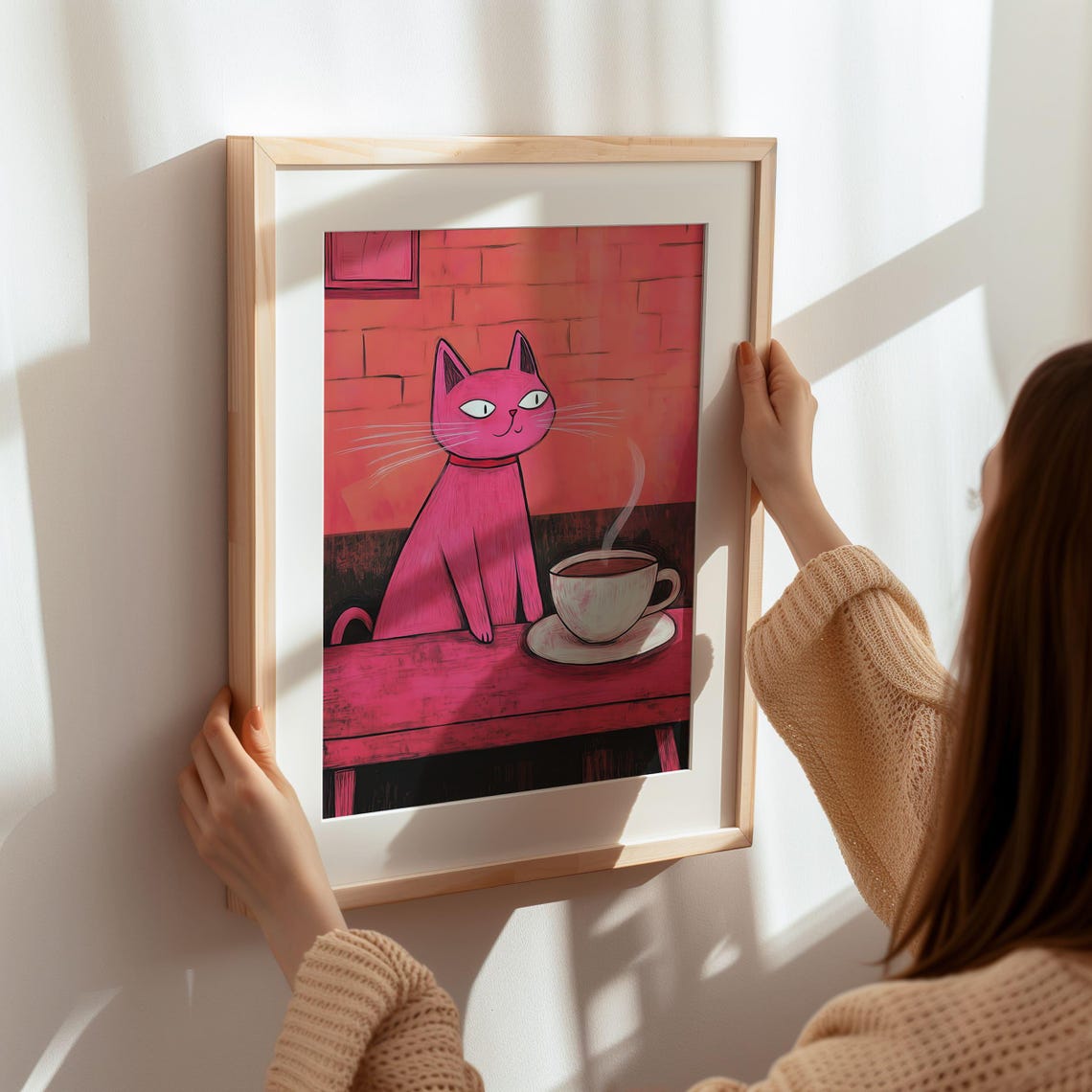 Pink Cat With Coffee Cup Whimsical Kitchen Cafe Decor Poster - Image 7