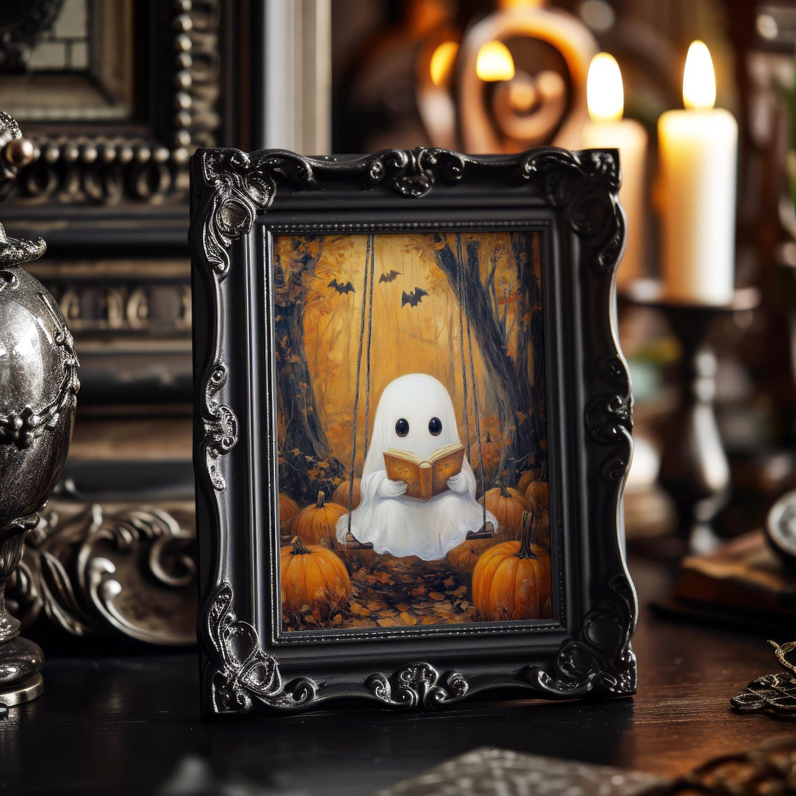 Cute Ghost Reading on Swing Autumn Forest Pumpkin Patch Poster - Image 5