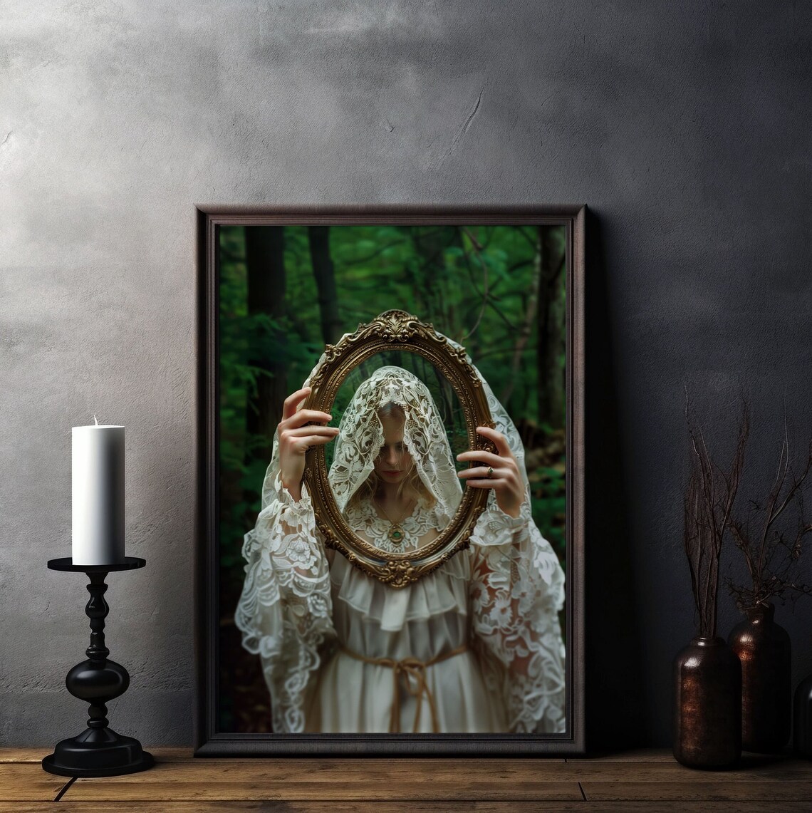 Dark Academia Woman Holding Golden Mirror In Forest Moody Art Poster - Image 6