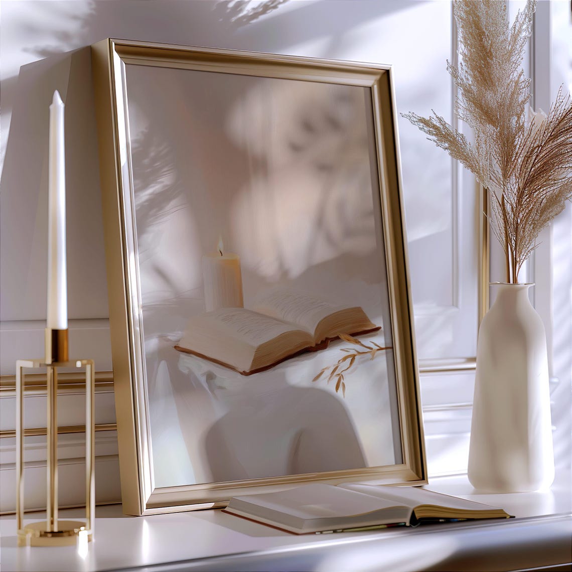 Minimalist Candle and Open Book Warm Neutral Still Life Art Poster - Image 4