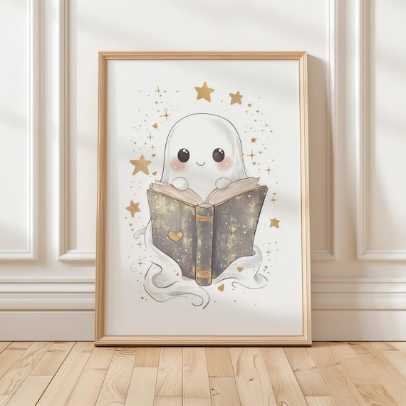 Cute Ghost Reading Book Art Print Halloween Wall Art Adorable Book Lover Decor Whimsical Ghost Art