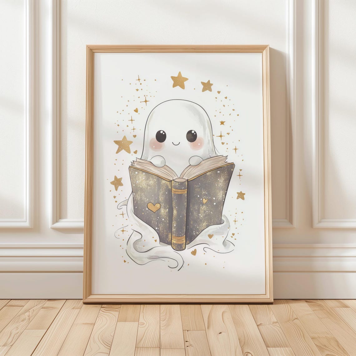 Kawaii Ghost Reading Book Gold Stars Cute Halloween Bookish Poster