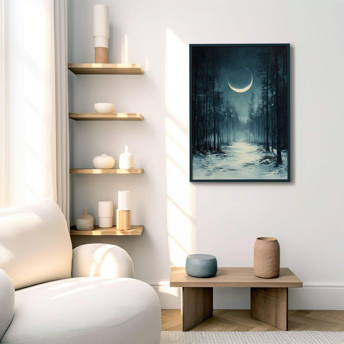 Dark Moonlit Pine Forest Path With Glowing Crescent Moon Poster - Image 7