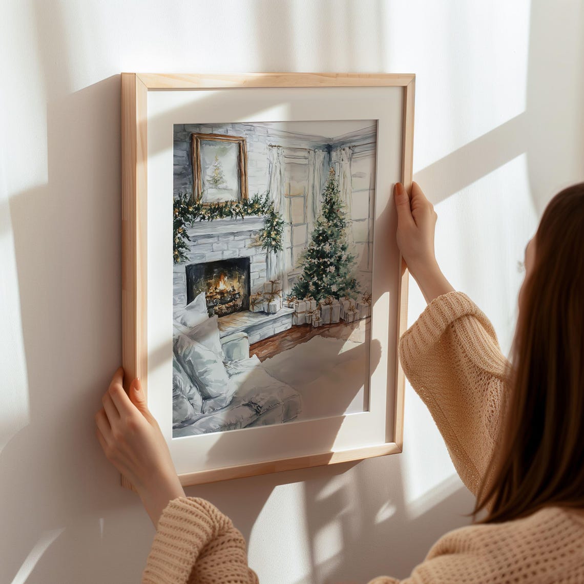 Cozy Christmas Living Room Watercolor Fireplace Scene Poster - Image 6